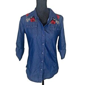 CAVALINI Women Denim Collection 3/4 Sleeve Embroider Flower Shirt Sz S Blue 32-7